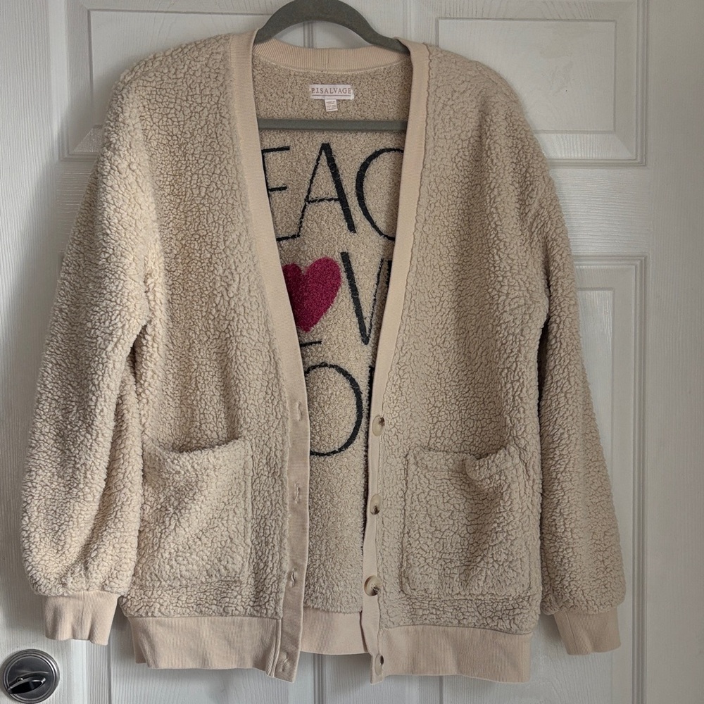 P.J. Salvage Cream Faux Fur Sherpa Sweater Cardigan Peace Love Hope Size M/L